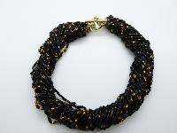 Vintage 50s Fab Black and Gold Seed Glass Bead Multi Strand Twist Necklace