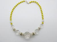 Vintage 50s Yellow White and Crystal Glass Bead Czech Necklace Diamante Clasp