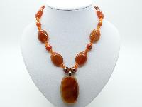 Vintage 70s Orange Murano Glsss and Amber Lucite Bead Pendant Necklace