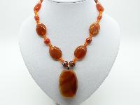 Vintage 70s Orange Murano Glsss and Amber Lucite Bead Pendant Necklace