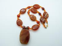 Vintage 70s Orange Murano Glsss and Amber Lucite Bead Pendant Necklace