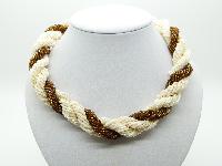Vintage 50s Three Row Cream Brown Bugle Glass Bead Statement Twist Necklace
