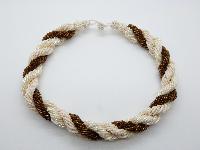 Vintage 50s Three Row Cream Brown Bugle Glass Bead Statement Twist Necklace