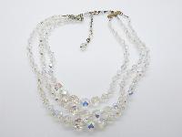 Vintage 50s Sparkling Three Row AB Crystal Glass Bead Necklace Fab!
