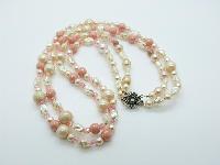 Vintage 50s Two Row Pink and White Glass and Lucite Bead Necklace 57cms
