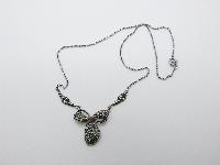 Vintage 30s Pretty Marcasite Bow Drop Silvertone Chain Necklace 