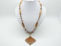 Vitntage 70s Real Brown Banded Agate Bead Necklace with Large Pendant