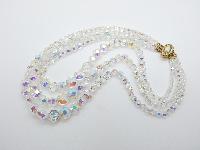 Vintage 50s Amazing Three Row AB Crystal Glass Bead Necklace with Diamante Clasp 50cms 