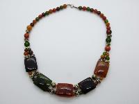 Vintage 70s Attractive and Unique Green and Amber Lucite Bead Necklace 49cms