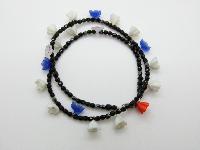 Vintage 70s Pretty Black Glass Bead Necklace with Glass Flower Charms 49cms