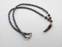 Vintage 80s Hematite Bead Necklace with Tigers Eye Horn of Plenty Pendant 45cms Long