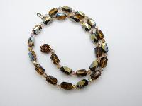 Vintage 50s AB Brown Crystal Glass Bead Necklace Flower Diamante Clasp 53cms Long