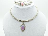 1990s Silver Metal Bead Flexible Choker Opaline Pendant and Bracelet Set 
