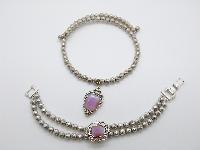 £45.00 - 1990s Silver Metal Bead Flexible Choker Opaline Pendant and Bracelet Set 