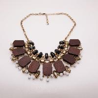Unique and Unusual Wood Glass Bead and Diamante Statement Dropper Necklace