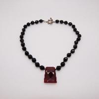 £22.00 - Classy Black Glass Bead Necklace with Cornelian Faceted Cut Drop Pendant 