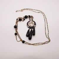 Vintage 30s Style Black Glass and Diamante Pendant Tassel Flapper Necklace