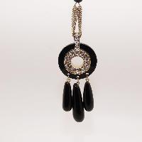 Vintage 30s Style Black Glass and Diamante Pendant Tassel Flapper Necklace