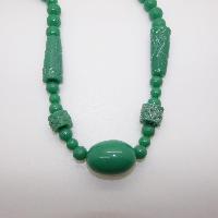Vintage Chunky Green Carved Plastic Long Bead Necklace Chinese Inspired WOW