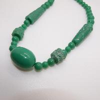 Vintage Chunky Green Carved Plastic Long Bead Necklace Chinese Inspired WOW