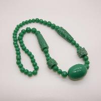 Vintage Chunky Green Carved Plastic Long Bead Necklace Chinese Inspired WOW