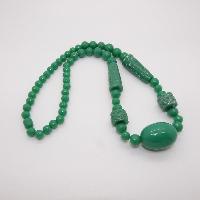 Vintage Chunky Green Carved Plastic Long Bead Necklace Chinese Inspired WOW
