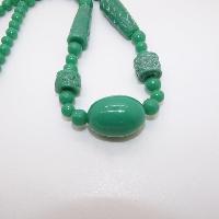 Vintage Chunky Green Carved Plastic Long Bead Necklace Chinese Inspired WOW