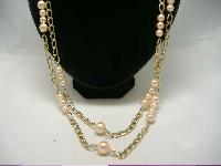 1980s 2 Row Pink Faux Pearl Bead & Gold Chain Necklace