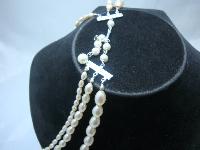 Vintage 50s 3 Row Glass Faux Pearl Bead Necklace WOW