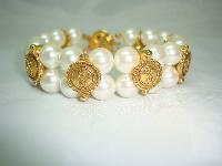 1980s 2 Row Glass Faux Pearl & Gold Ying Yang Bracelet