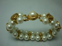 1980s 2 Row Glass Faux Pearl & Gold Ying Yang Bracelet