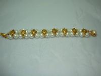 1980s 2 Row Glass Faux Pearl & Gold Ying Yang Bracelet