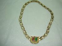 Vintage 80s  Red and Green Glass Diamante Fancy Gold Link Necklace FAB