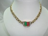 Vintage 80s  Red and Green Glass Diamante Fancy Gold Link Necklace FAB
