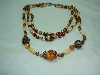 1930s Style 3 Row Cream Red & Gold Lucite Bead Necklace