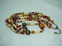 1930s Style 3 Row Cream Red & Gold Lucite Bead Necklace