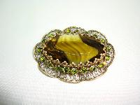 Vintage 50s Large Moss Green Agate Glass and Diamante Scallop Brooch