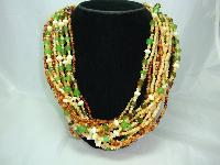 1950s Style 14 Row Amber Green Cream Bead Necklace WOW