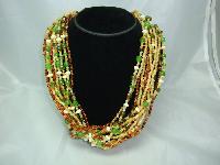 1950s Style 14 Row Amber Green Cream Bead Necklace WOW