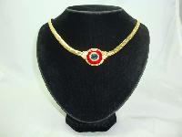 Vintage 80s Red Enamel Blue Diamante Gold Necklace   