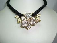 £28.00 - Vintage 80s Designer Diamante Goldtone Pendant Necklace on Black Cord 