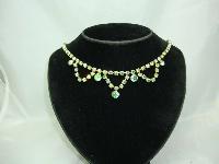 Vintage 50s Green AB Diamante Scallop Drop Necklace 