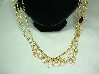 Vintage 80s 3 Row Gold Chain & Faux Pearl Bead Necklace