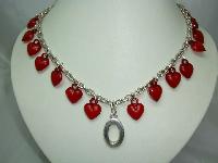 Vintage 80s Stunning Red Lucite Heart Bead Charm Silver Link Necklace