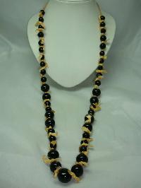 1970s Style Long Black Glass Bead Necklace with Bows!