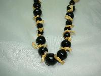 1970s Style Long Black Glass Bead Necklace with Bows!