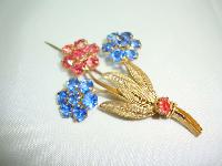 Vintage 30s Czech Blue & Pink Crystal Flower Brooch 
