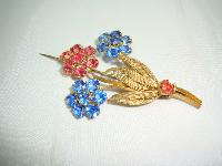 Vintage 30s Czech Blue & Pink Crystal Flower Brooch 