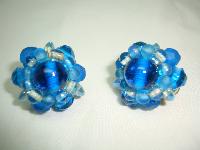 1950s Stunning Blue Glass Bead Flower Clip On Earrings