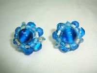 1950s Stunning Blue Glass Bead Flower Clip On Earrings